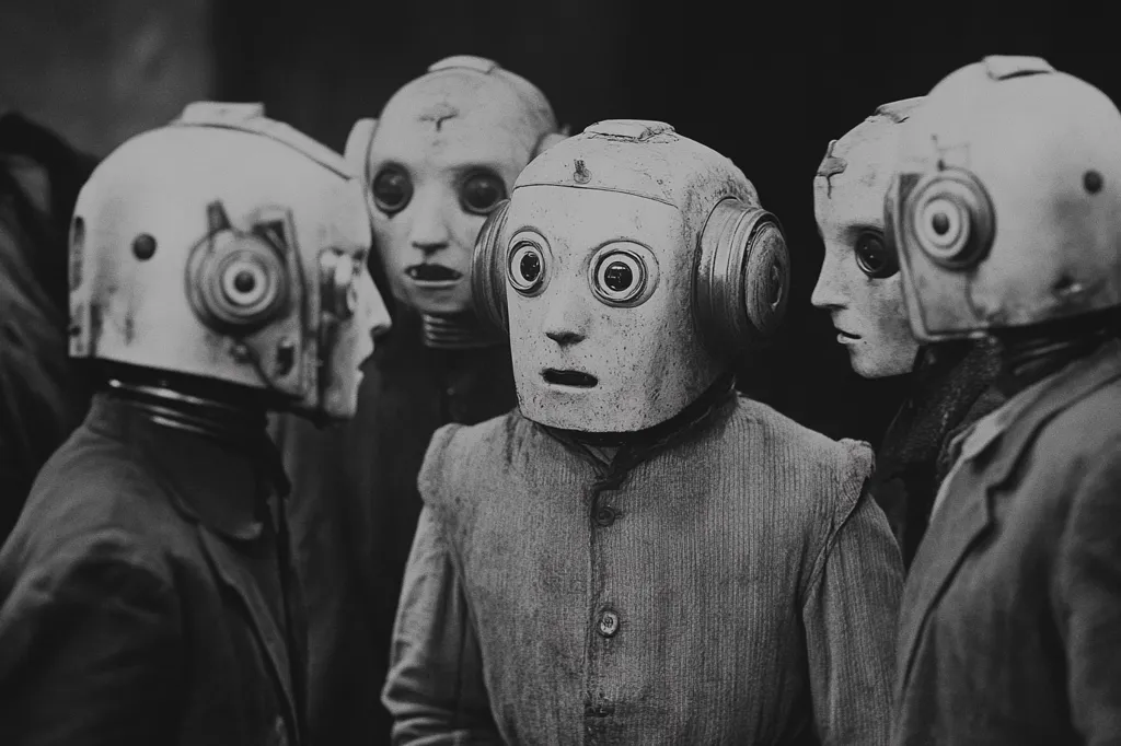 A group of people are wearing what appear to be helmets or masks.  The helmets have large, round eyes that make the people look robotic or alien.  The photo is in black and white and the people are all looking to the right of the image. The focus is on the person in the center, who is wearing a simple tunic. The photo has a mysterious and unsettling quality.