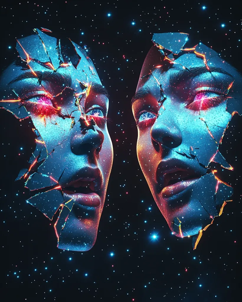 Two faces, cracked and fragmented, are juxtaposed against a backdrop of a starry night sky. Glowing red and blue light emanates from their eyes, creating an otherworldly and surreal effect. The faces seem to be in a state of transformation, as if breaking apart and merging with the cosmic background.  The image evokes a sense of mystery, fragility, and the interconnectedness of all things.