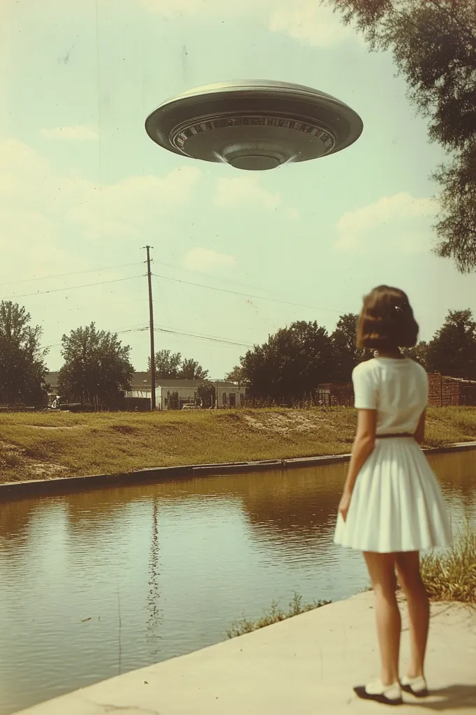 A young woman in a white dress stands on a concrete path overlooking a canal. She is looking up at a flying saucer that hovers in the sky above. The saucer has a round, flat shape with a slight dome. The sky is a light blue with a few clouds. The woman's hair is brown and she is wearing a white belt. The canal is calm and there are trees and houses in the background.