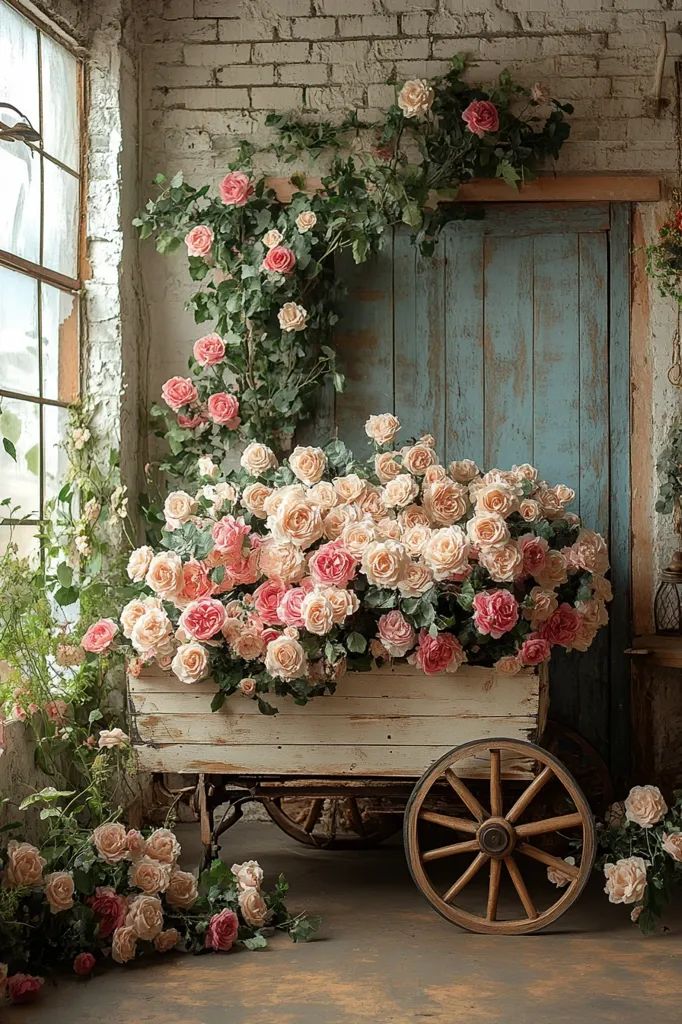 A rustic wooden cart overflowing with a vibrant assortment of pink and cream roses sits against a white brick wall. The cart is adorned with greenery, adding to the charming aesthetic. The background features a weathered blue door and hints of additional foliage, creating a whimsical and romantic atmosphere.  The scene evokes feelings of a vintage garden.