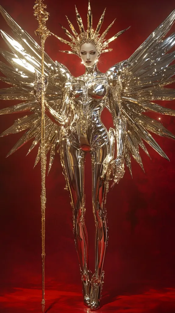 A golden, androgynous figure stands against a red background. They are wearing a golden, futuristic suit, with a sun-like crown and large, feathery wings. They hold a long golden staff in their hand, and they appear to be looking towards the left. The figure is depicted in a dramatic, almost angelic pose.  Their appearance evokes a sense of power and mystery.