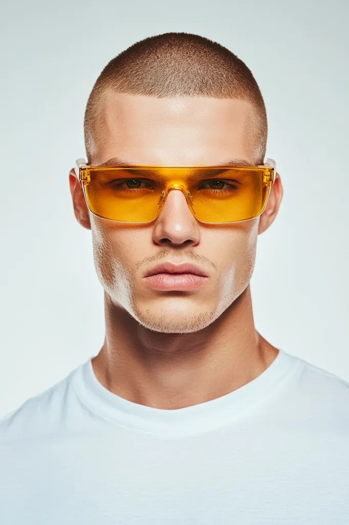 The image shows a young man with a buzz cut and a serious expression. He is wearing a white t-shirt and large, yellow-tinted sunglasses. The background is a simple, light grey, allowing the subject to stand out. The man's gaze is directed forward, creating a sense of intensity and focus. His sharp jawline and strong features suggest a confident and determined personality.  The overall tone is one of cool and collected style, with a hint of mystery.