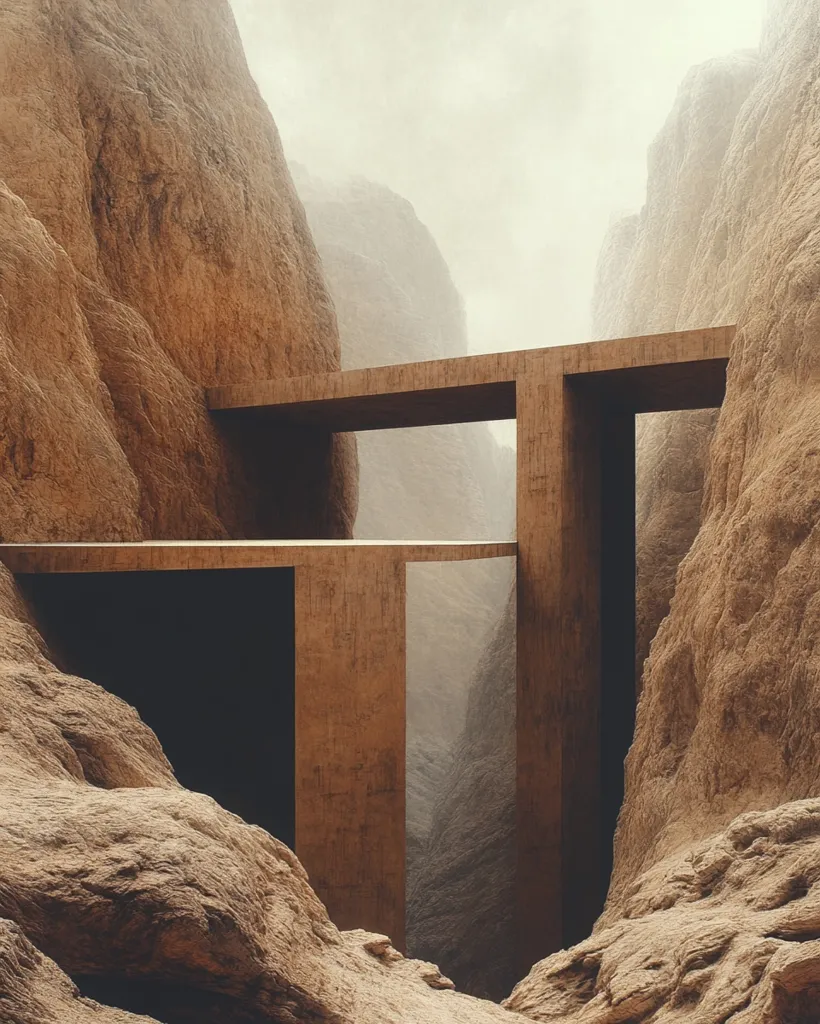 A modern, concrete bridge spans a narrow canyon carved into craggy, earth-toned rock formations. The canyon walls rise high above, creating a sense of enclosure and mystery. The bridge, with its clean lines and geometric design, contrasts with the rugged natural landscape, creating an intriguing juxtaposition between human intervention and the raw power of nature. A soft, ethereal mist hangs in the air, adding a touch of otherworldliness to the scene.