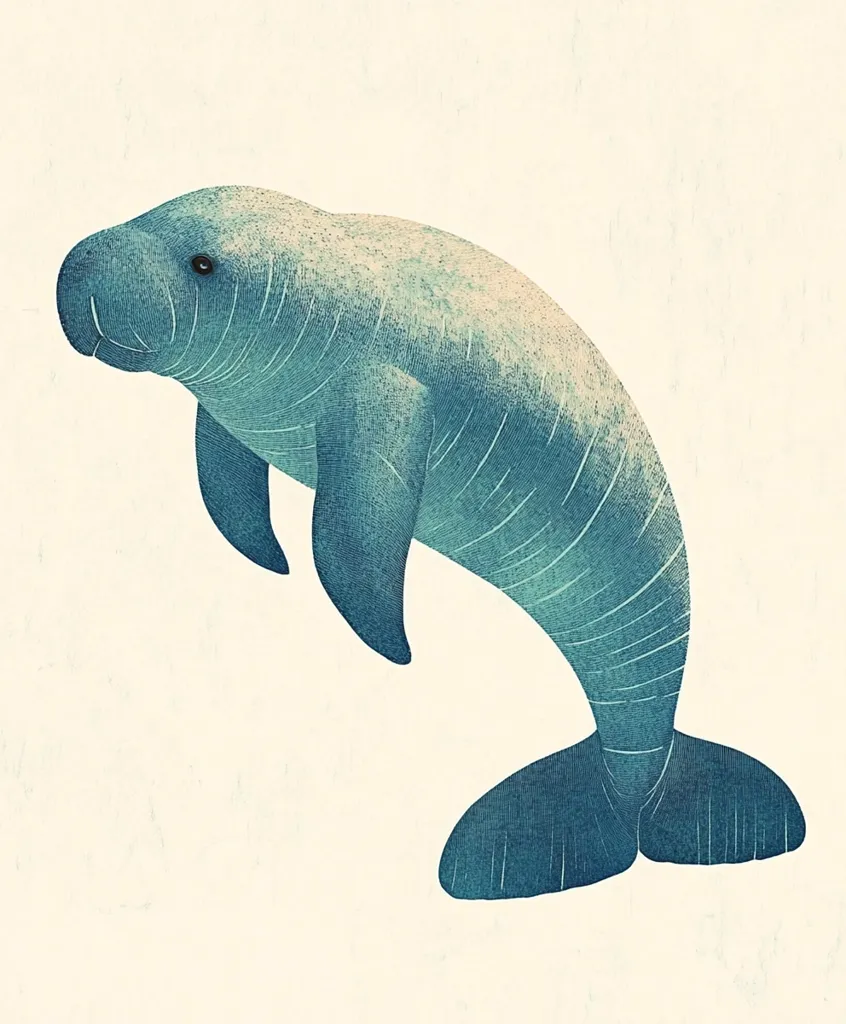 The image depicts a blue and white manatee, a large, gentle marine mammal, in a playful pose against a white, textured background. Its body is depicted with detailed, textured strokes, showcasing the animal's smooth, streamlined form. Its small eyes and rounded snout give it a friendly, almost whimsical appearance. The manatee's tail is elegantly curved, accentuating its graceful movements. The image captures the beauty and tranquility of this fascinating creature.