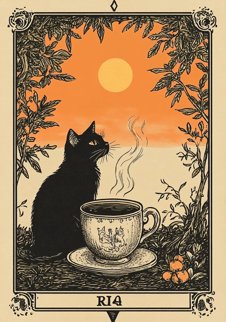 The image depicts a black cat sitting in a forest scene, looking up at a steaming cup of tea and a large, yellow sun in the distance. The cat is drawn in a detailed, stylized manner, and the background features intricate leaves and branches. The scene is framed by a black border with a decorative design. The word "RI4" is written in large letters at the bottom. The overall aesthetic is whimsical and mysterious.