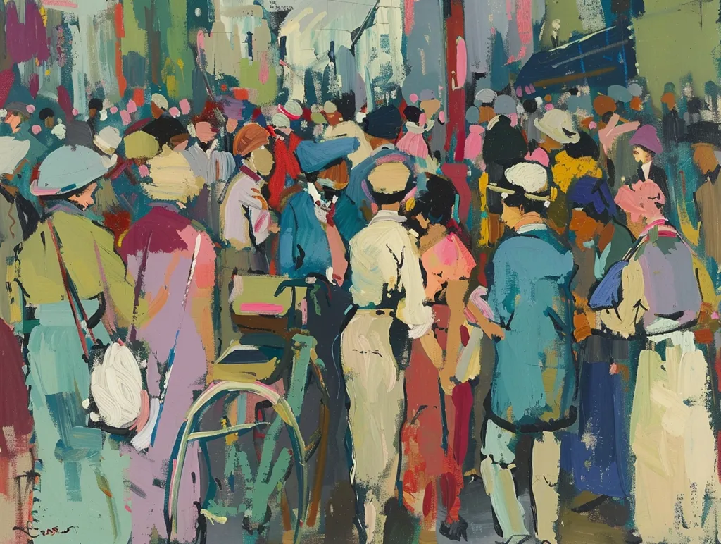 The painting depicts a bustling street scene with many people in a crowd. The figures are painted in a loose and expressive style, with vibrant colors and thick brushstrokes. The composition is dynamic and chaotic, reflecting the energy of the crowd. The artist has captured the atmosphere of a busy urban environment, with people moving in different directions and interacting with each other.