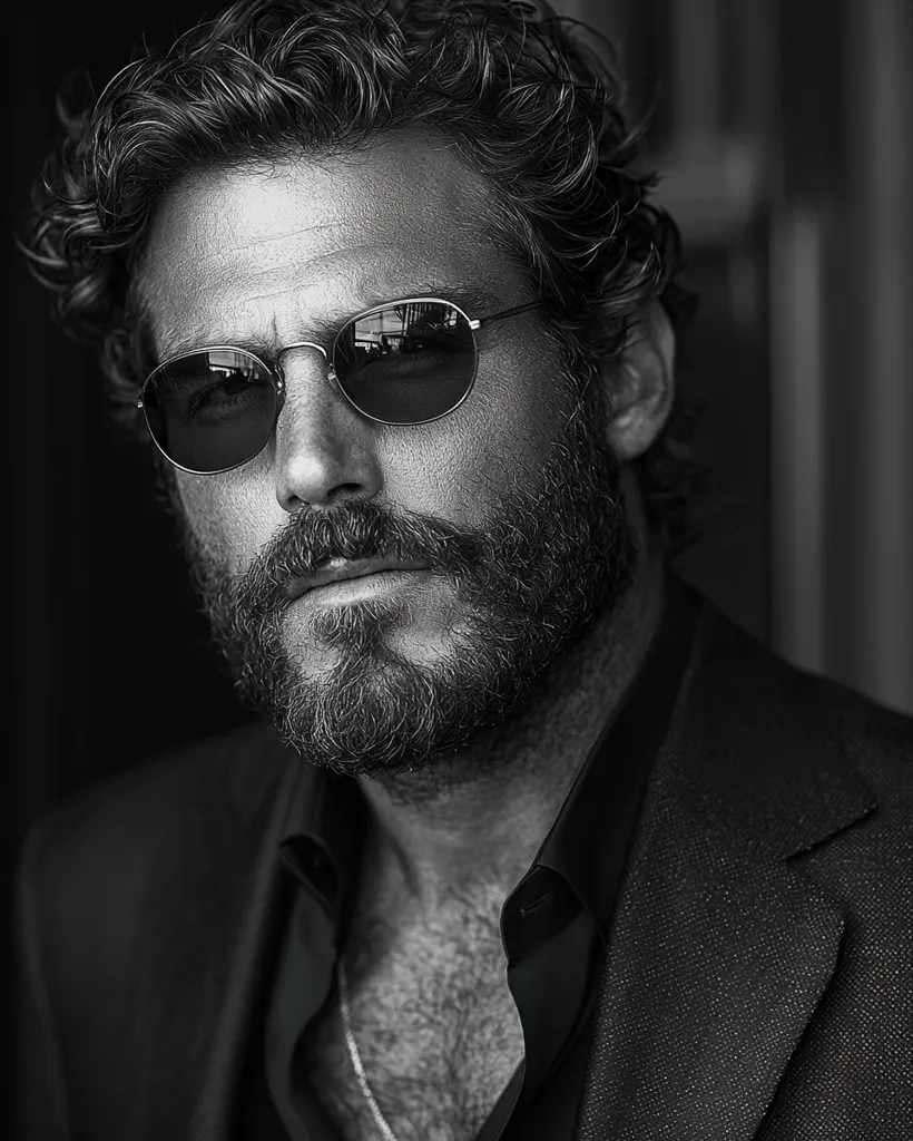 The image is a black and white portrait of a man with a serious expression. He has dark, tousled hair and a thick beard. He is wearing round sunglasses and a dark suit jacket. The lighting is dramatic, with the man's face highlighted and the background blurred. The overall tone of the image is moody and intense.