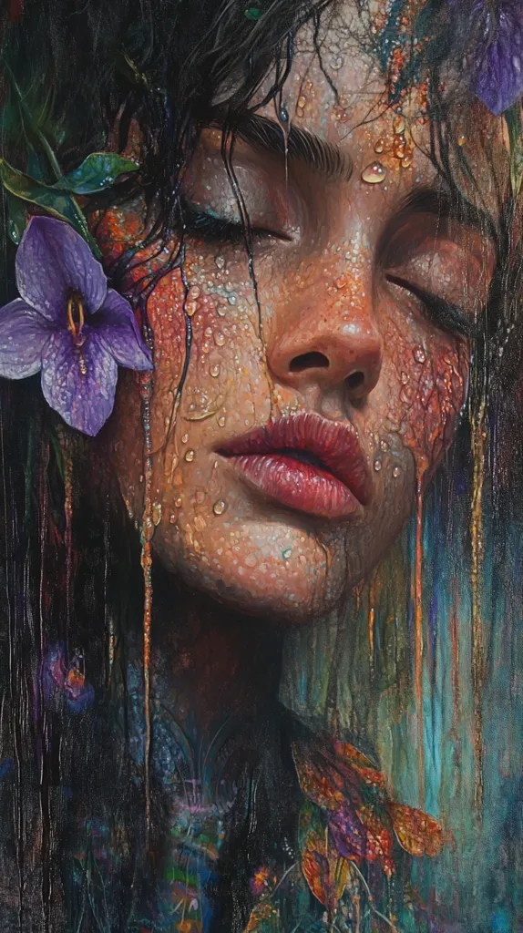 A close-up portrait of a woman with her eyes closed. She is covered in water droplets, and her skin has a wet, glistening appearance. Her hair is long and dark, and she is wearing a simple, dark garment. A vibrant purple flower is tucked behind her ear, adding a splash of color to the image. The overall effect is one of serenity and beauty.  The painting's style is expressive and detailed, using bold colors and textures to create a sense of depth and emotion.  The woman's relaxed pose and the soft, flowing lines of her hair and the water droplets contribute to a feeling of peace and tranquility.