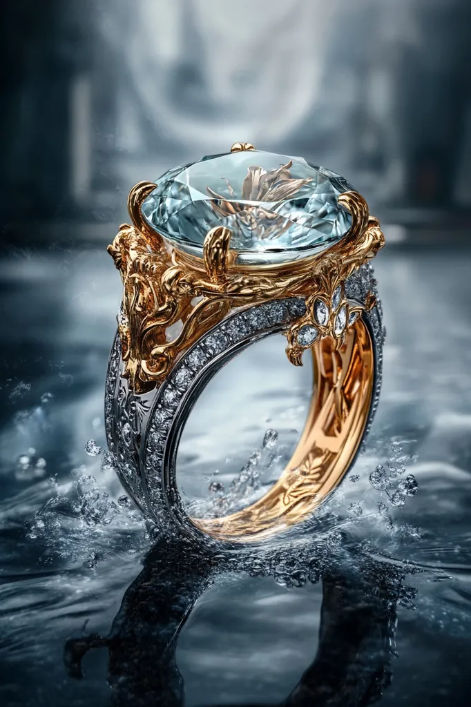 A large, ornate ring with a large, light blue gemstone sits on a surface of rippling water, partially submerged. The band is made of gold and silver, with intricate designs and small diamonds. The light catches the surface of the water, creating a shimmer and reflection of the ring. The background is out of focus, suggesting a romantic or whimsical setting.  The ring is a testament to the beauty and craftsmanship of jewelry.