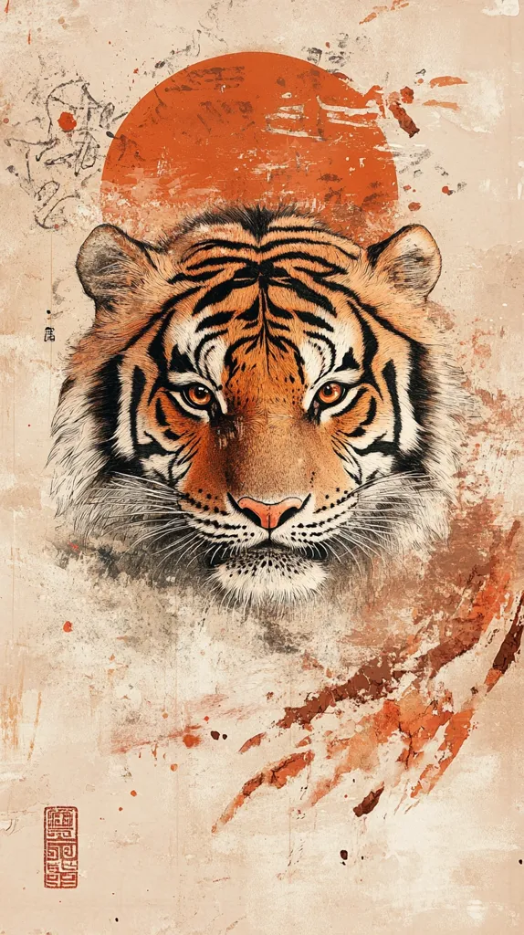 The image depicts a tiger's face in a stylized, almost abstract, manner. The background is a textured, pale peach with hints of red, suggesting a faded sunset or a traditional Japanese painting style. The tiger's fur is rendered in dark stripes against a warm orange base, giving it a fierce yet elegant appearance. The tiger's piercing yellow eyes and sharp features are emphasized, creating a sense of power and intensity. The composition is close-up, focusing solely on the tiger's face, inviting the viewer to contemplate its wild nature.  A large, circular red shape resembling a sun, appears partially obscured by the tiger, creating a dramatic and evocative effect.  The overall impression is one of a powerful, primal being set against a backdrop of mystery and beauty.