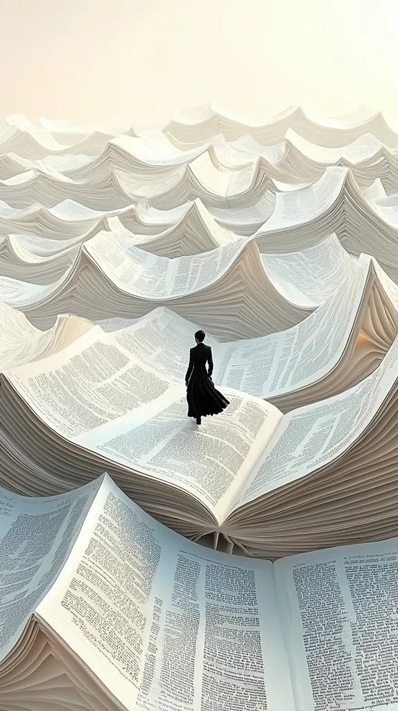 A single, solitary figure, dressed in black, walks across a vast landscape of open books. The pages of the books form a wavy, undulating surface that stretches out in all directions. The figure seems small and insignificant in this immense sea of knowledge, their journey symbolizing the vastness of learning and the endless possibilities that come with exploration. The image evokes a sense of wonder and awe, suggesting the power of knowledge and the boundless nature of human curiosity.