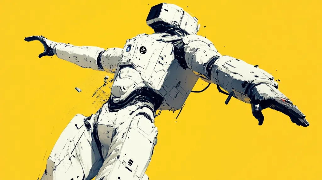 The image shows a white robotic figure, with a large, rectangular head, against a bright yellow background. Its left arm is outstretched towards the viewer, its hand open. The robot's body is heavily detailed, with visible joints and wires, giving it a futuristic, mechanical appearance. The image's vibrant colors and dynamic pose create a sense of motion and energy.
