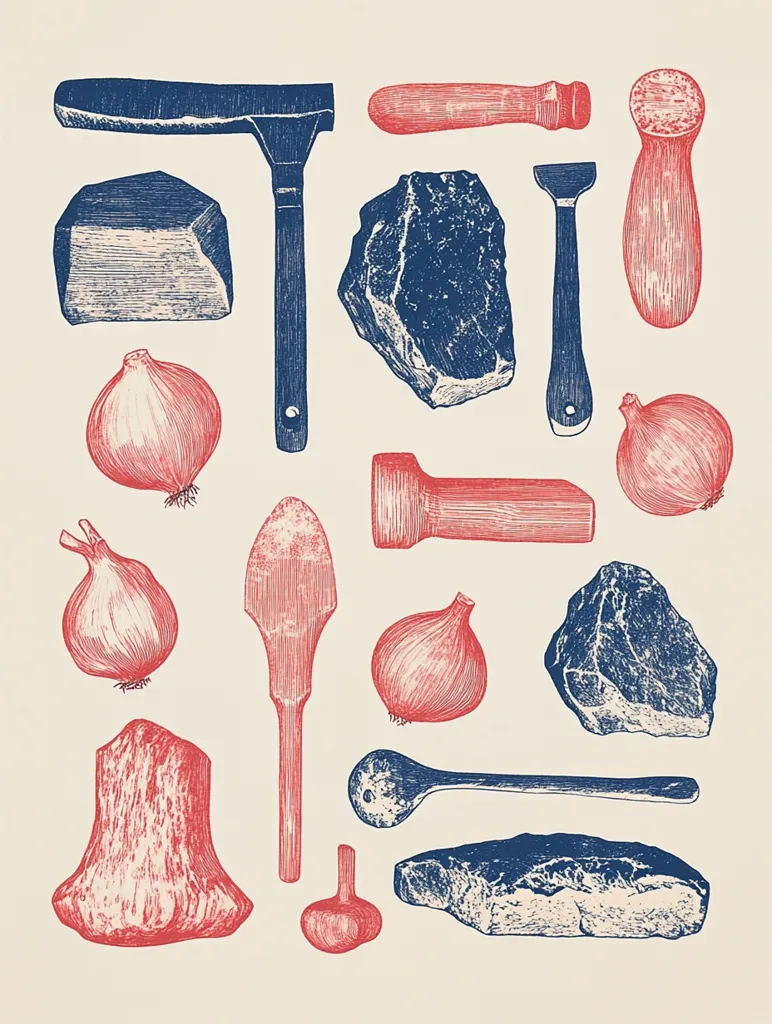The image depicts a collection of various tools and objects, primarily in shades of red and blue, with a beige background. The collection includes a hammer, a spatula, a spoon, a knife, multiple stones, and onions. The objects appear to be drawn in a vintage style, suggesting an antique or historical setting.  The details of each object are intricate and well-defined, hinting at a meticulous craftsmanship.