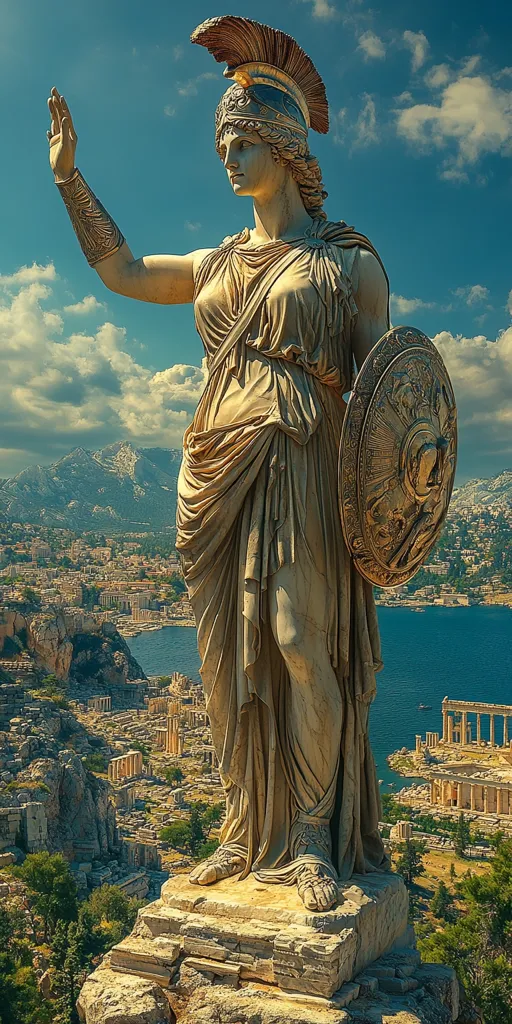 A large, weathered statue of a woman in a flowing gown and helmet stands atop a stone platform overlooking a sprawling cityscape. The statue is holding a shield in her left hand and her right hand is raised, as if in a gesture of command. The background is a hazy view of mountains, a blue bay, and ancient ruins.
