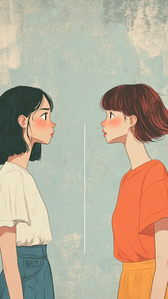 The image depicts two young women, drawn in a cartoon style, facing each other. They are standing side-by-side, with a thin white line separating them. The woman on the left wears a white shirt and blue jeans, while the woman on the right wears an orange shirt and a yellow skirt. Both have short dark hair and are looking at each other with an intense expression, suggesting a sense of tension or conflict between them. The background is a light blue with a subtle, grainy texture, giving the impression of a vintage illustration.