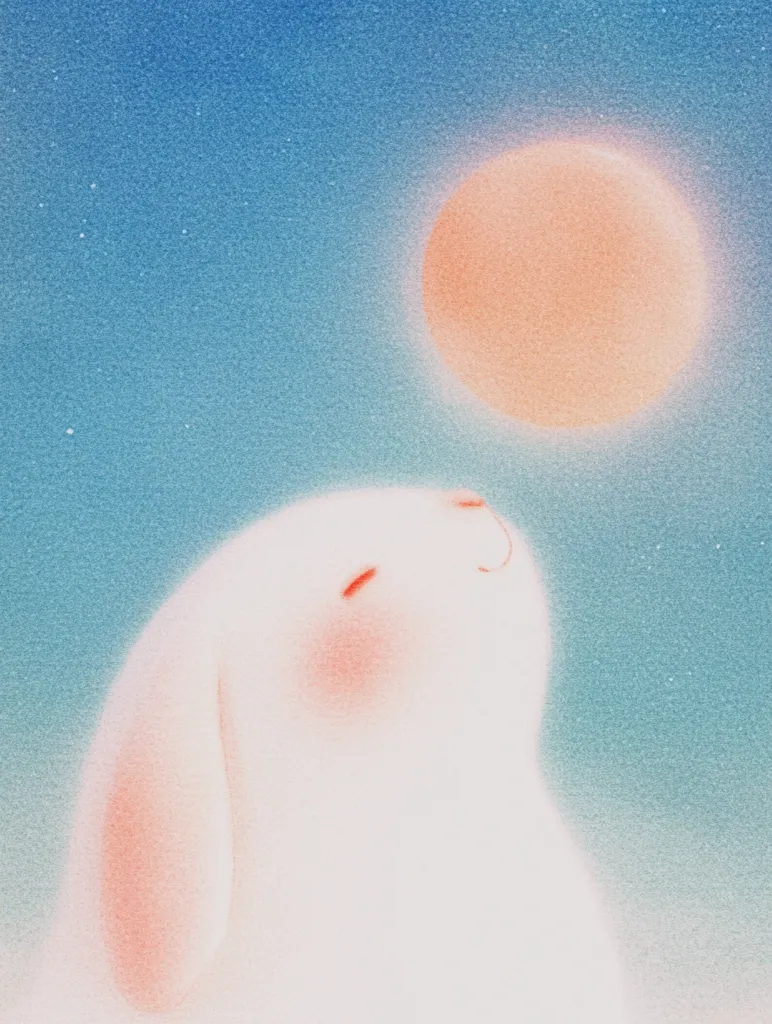 The image depicts a fluffy white rabbit with rosy cheeks gazing upwards towards a large, orange moon in a blue, starry sky. The rabbit's soft fur and the moon's warm glow create a sense of peace and tranquility.  The image suggests a dreamy and magical atmosphere.