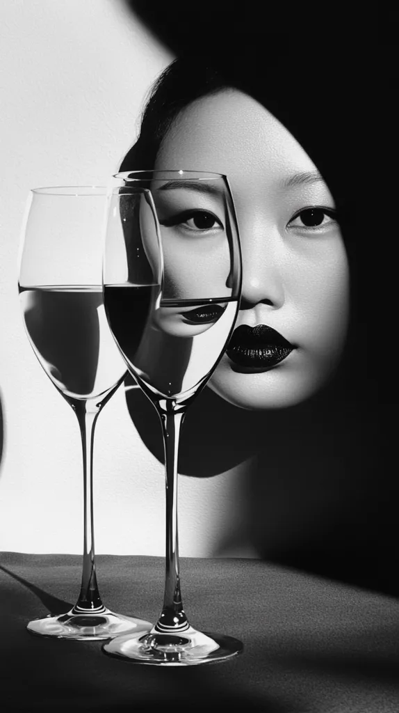 A black and white image of a woman's face obscured by two wine glasses. The woman is looking directly at the viewer with a serious expression. Her lips are painted with dark lipstick. The glasses are filled with liquid, reflecting the woman's face. The background is a plain white wall, highlighting the contrast between the woman's face and the glasses.  The image is likely a representation of mystery, allure, and possibly intoxication.