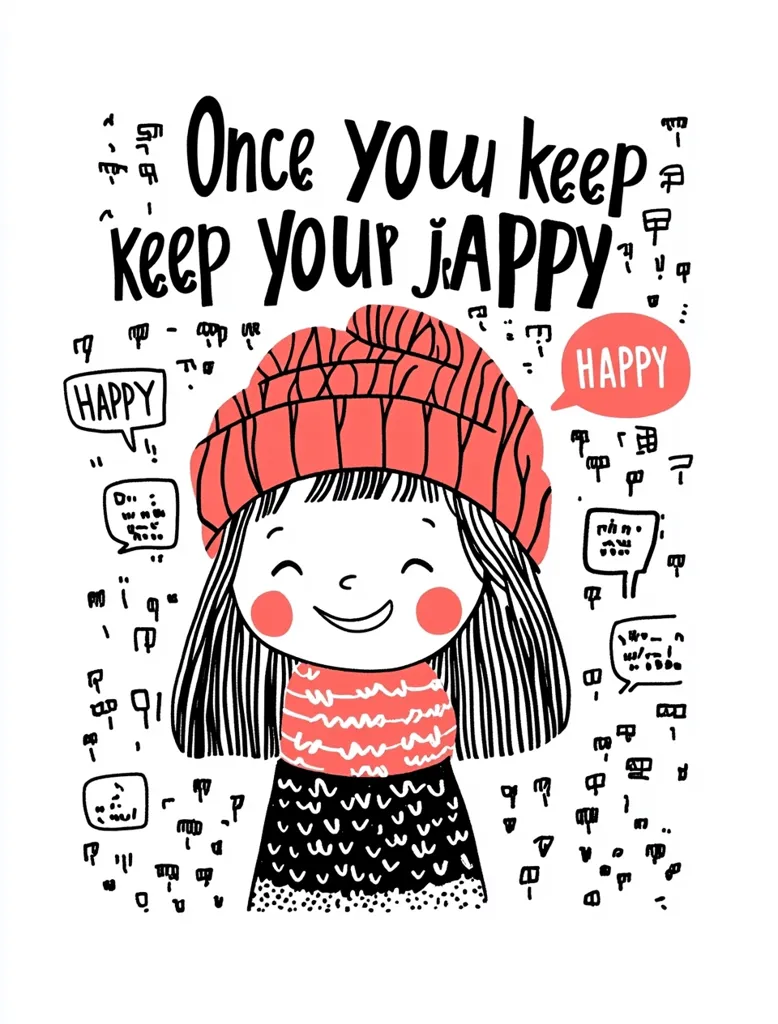 The image features a cartoon girl with long black hair and a bright red beanie. She is wearing a red and white striped scarf and a black and white dress with a wavy hem. The girl is smiling broadly and has rosy cheeks. The words "Once you keep keep your jappy" are written in black above her head, surrounded by random squiggles and "happy" written in speech bubbles.  The image conveys a cheerful and optimistic message about the importance of staying positive.