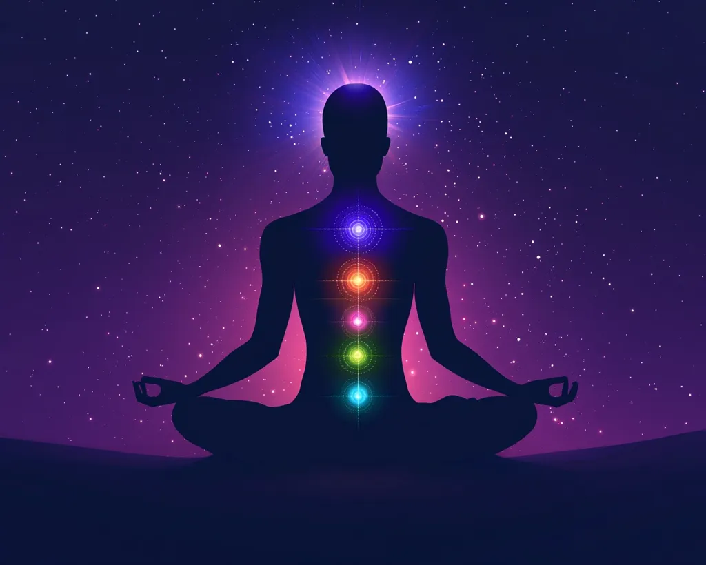 The image depicts a silhouette of a person sitting in a meditative pose with their chakras aligned. The chakras are represented as glowing circles of color along the spine, from the base to the crown. The background is a starry night sky, symbolizing the connection between the individual and the universe. The image suggests a state of spiritual awakening and inner peace.