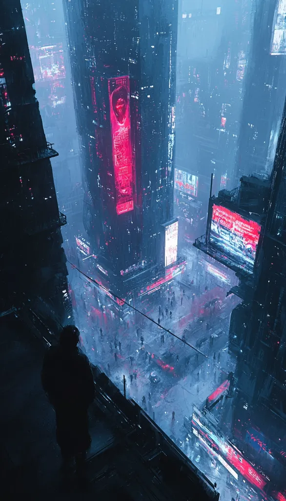 The image depicts a futuristic cityscape at night, with towering buildings and neon signs illuminating the streets. The view is from above, looking down on a bustling crowd of people. A lone figure stands on a rooftop, silhouetted against the bright lights of the city. The atmosphere is one of urban chaos and anonymity. The image evokes a sense of wonder and unease, as if the viewer has stumbled upon a hidden world of secrets.