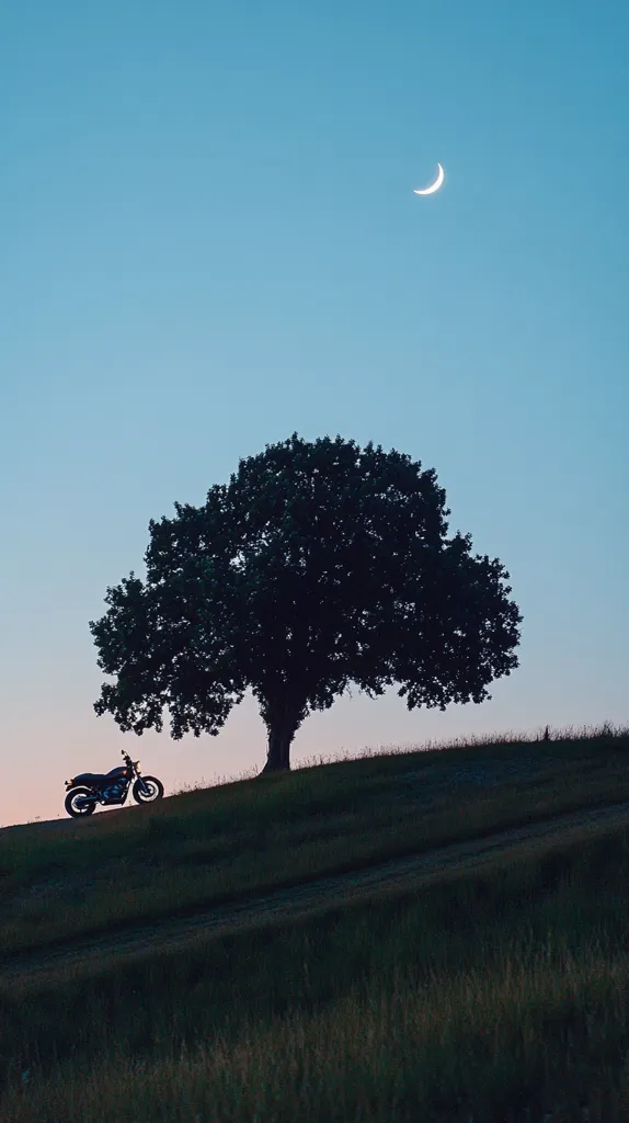 A lone motorcycle sits on a grassy hillside silhouetted against a twilight sky. A large tree stands on the hill, casting a long shadow. A crescent moon hangs in the sky above. The scene evokes a sense of solitude and tranquility.