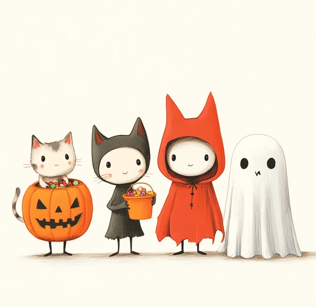 Four cute characters are dressed up for Halloween.  A cat is inside a jack-o-lantern, a black cat is dressed as a cat, a red cat is dressed as a devil, and a ghost is dressed as a ghost.  They are all smiling and looking happy.  The image is drawn in a childlike style.  It is a playful and fun image that captures the spirit of Halloween.