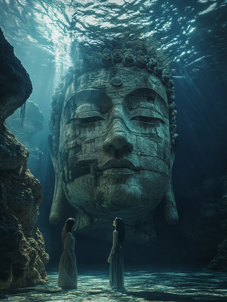 The image depicts a massive stone Buddha head submerged underwater. Sunlight beams through the water, illuminating the serene face. Two figures, standing in the shallows, gaze up at the statue, their silhouettes outlined against the ethereal light. The scene evokes a sense of wonder and mystery, suggesting a hidden world of ancient wisdom and tranquility.