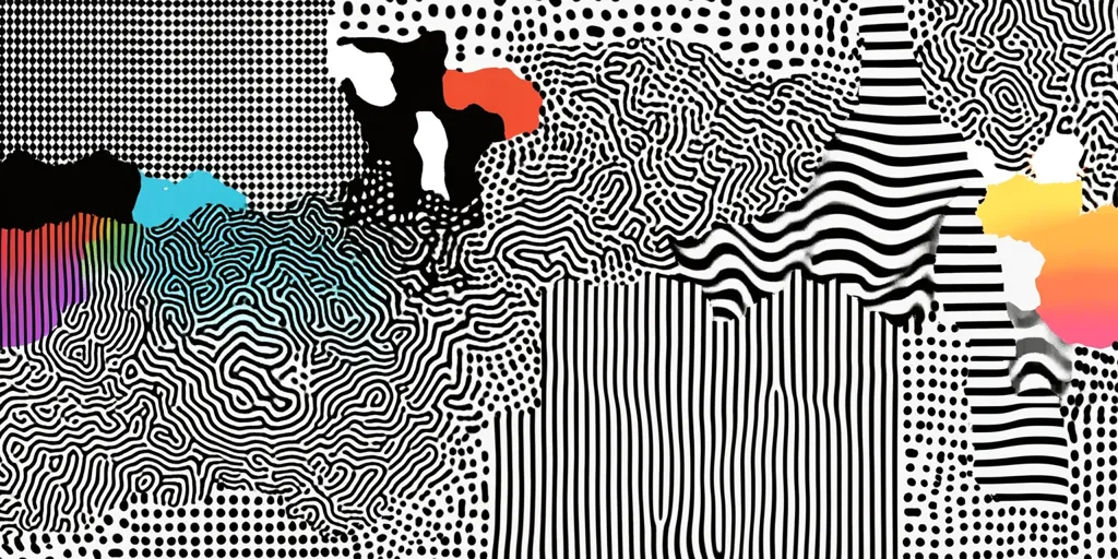 The image is an abstract pattern of black and white lines, dots, and shapes. The shapes are filled with splashes of color, including red, blue, yellow, and green. The overall effect is a dizzying and slightly chaotic mix of geometric forms.