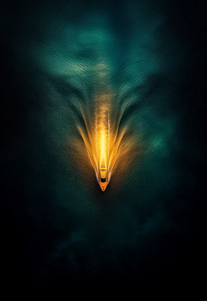 An aerial view of a boat speeding through dark water. The boat is illuminated by its headlights, which create a bright trail in the water. The water around the boat is dark and murky, with the only light coming from the boat's headlights. The scene is both dramatic and beautiful.