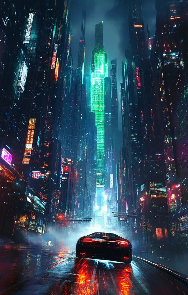 The image depicts a futuristic cityscape with towering skyscrapers illuminated by neon lights. A lone car drives down a wet street, its taillights glowing red in the darkness. The city is shrouded in a hazy atmosphere, creating a sense of mystery and intrigue. The dominant color scheme is dark blue and green, with accents of red and yellow. The overall feeling is one of sleekness, modernity, and a touch of dystopian grandeur.