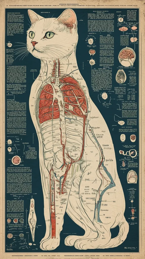 A vintage anatomical illustration of a cat, rendered in a detailed and intricate style. The image showcases the cat's internal anatomy, including its skeletal structure, muscular system, circulatory system, and nervous system. The cat's outline is drawn with meticulous precision, while the internal structures are depicted in vibrant colors, highlighting the complexity and interconnectedness of its body. The illustration is set against a deep blue background, emphasizing the scientific and educational nature of the artwork. The image is a testament to the intricate beauty of the natural world and the scientific exploration of the animal form.