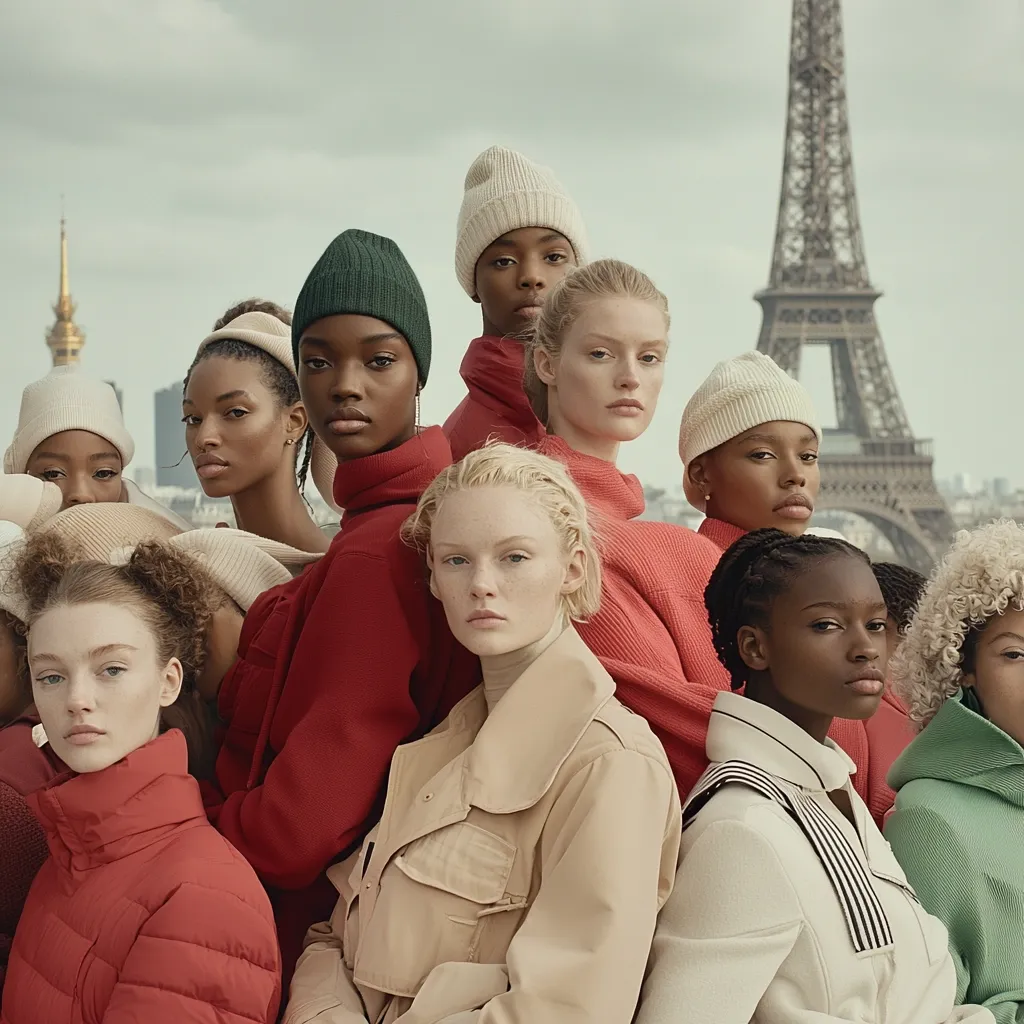 A diverse group of women, wearing winter attire and knit hats, stand together in front of the Eiffel Tower. They are looking at the camera with varying expressions, exuding a sense of confidence and unity. The Parisian backdrop adds a touch of elegance and sophistication to the image.