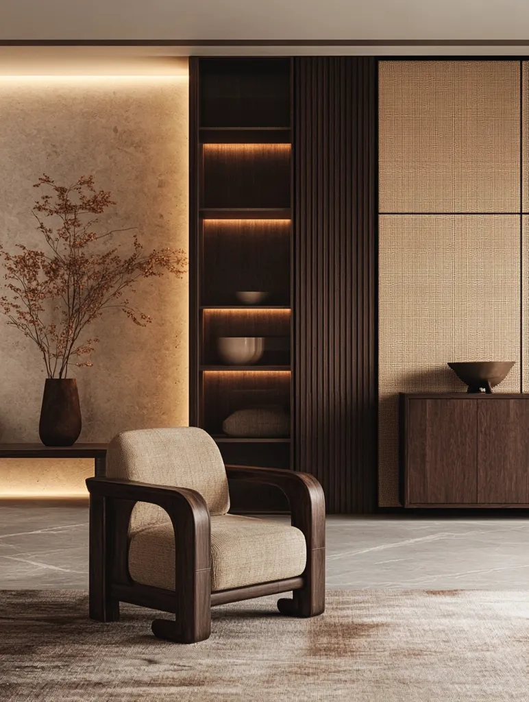 The image shows a modern living room with a minimalist design. A large, comfortable armchair with a beige fabric seat and thick, dark wooden frame sits on a rug in the center of the room. The armchair is positioned in front of a wall with a built-in shelving unit and cabinets, all made of dark wood with subtle lighting. The wall features a textured, light beige wallpaper and a woven panel with a natural tone. The room has a warm, inviting ambiance.