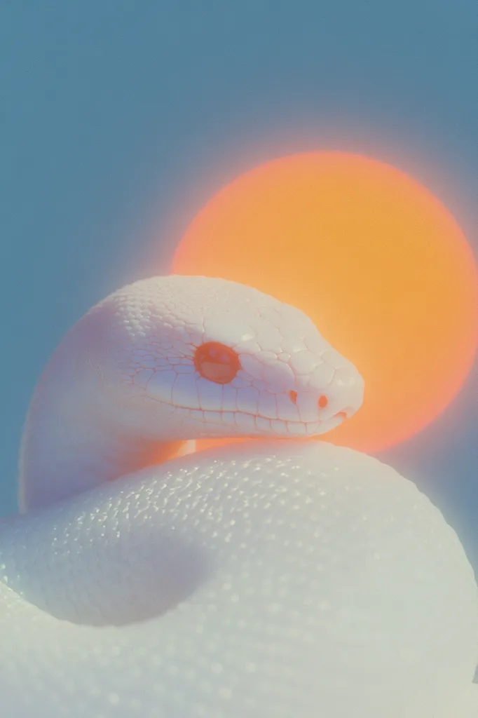 A close-up shot of a white snake's head. It is looking towards the right side of the frame, with a large orange circle out of focus behind it. The snake's scales are visible, and its eye is a dark red. The background is a soft blue.