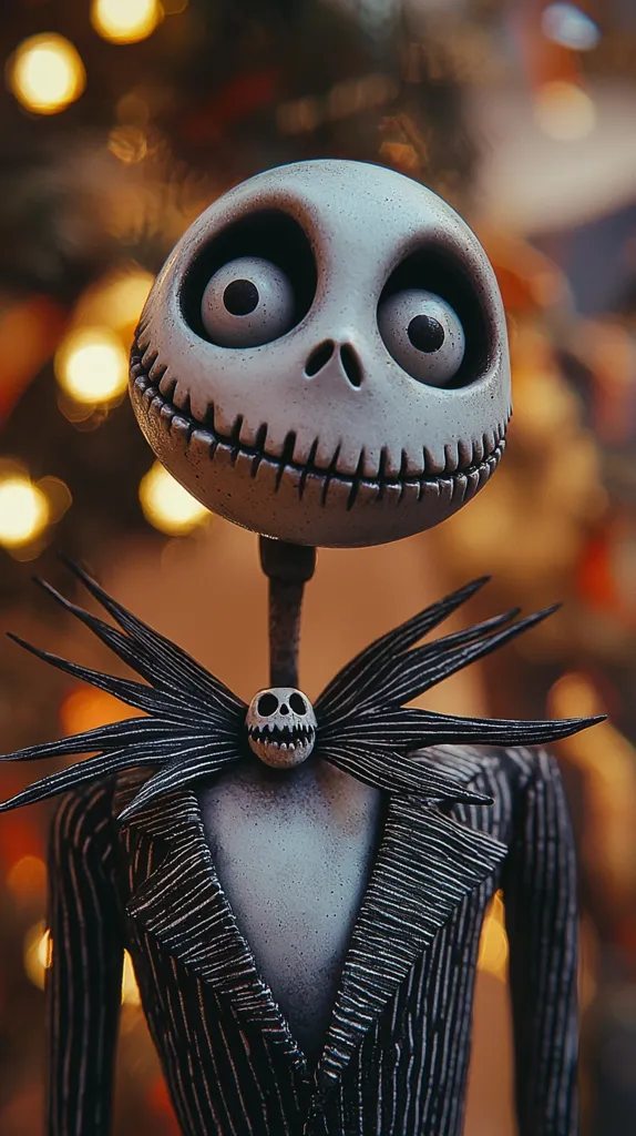 The image shows a close-up of a Jack Skellington doll, a popular character from the movie "The Nightmare Before Christmas". The doll is wearing his signature pinstripe suit, with his iconic white, stitched face and large black eyes looking directly at the viewer. He has a small skull-shaped tie and is standing in front of a blurred background of golden lights, possibly depicting a festive Christmas scene. The image captures the doll's whimsical and slightly eerie nature, highlighting its popularity as a Halloween and Christmas decoration.