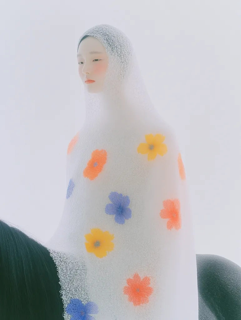 A woman with long black hair is covered in a white, foamy material that resembles a veil or blanket. She has delicate features and her skin appears pale, and there are small, colorful flowers scattered across the foam. She is standing on or beside a dark, furry object that could be a horse or another animal, but only its tail and part of its body are visible. The background is a simple white.  The image evokes a sense of fantasy and innocence.