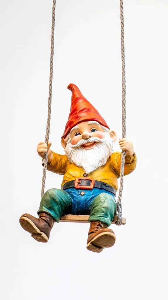 A smiling garden gnome with a red hat and white beard is swinging on a rope swing. He is wearing blue jeans and a yellow shirt with a brown belt. The gnome is set against a white background.  The photo is taken from below, giving the illusion of the gnome being suspended in mid-air.  The gnome's joyful expression adds a whimsical and charming touch to the scene.  The overall feeling of the image is one of lightheartedness and fun.