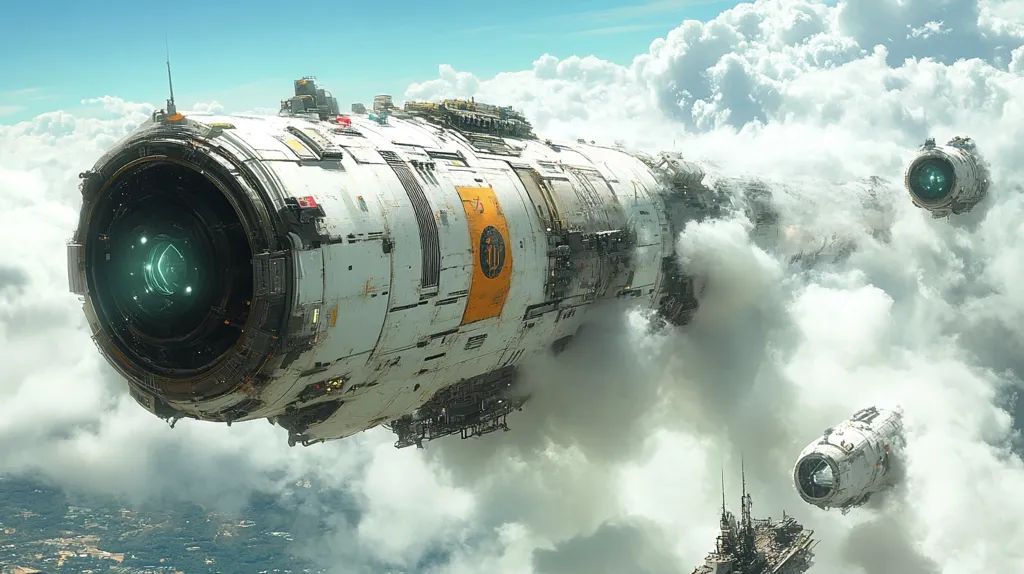 A large, futuristic spaceship, with a white and gray exterior, flies through a cloudy sky. The ship has a large, round window with a green glow. There are two other smaller spaceships in the distance. The clouds are thick and white, creating a dramatic contrast to the ship's sleek design. The scene is reminiscent of a science fiction film.