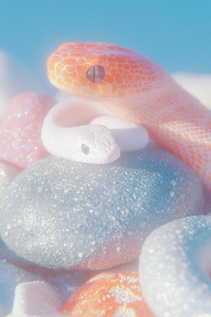 Two snakes, one orange and one white, are resting on top of a pile of smooth, white and grey stones.  The snakes appear to be intertwined, with the orange snake on top of the white snake.  The background is a soft blue, creating a dreamy and ethereal atmosphere.  The overall image is soft and delicate.