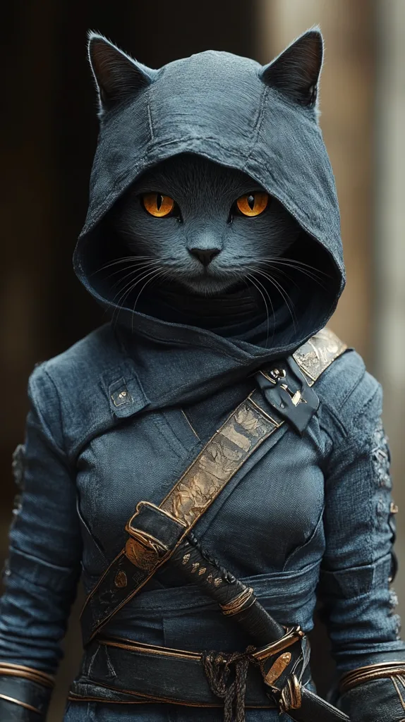 A gray cat with piercing yellow eyes is dressed as a ninja, wearing a dark blue hooded cloak and a belt with a katana strapped to it. The cat's face is framed by the hood, and its sharp, focused gaze suggests it is ready for action. The image has a dark and mysterious atmosphere, hinting at a secret mission or a dangerous adventure.