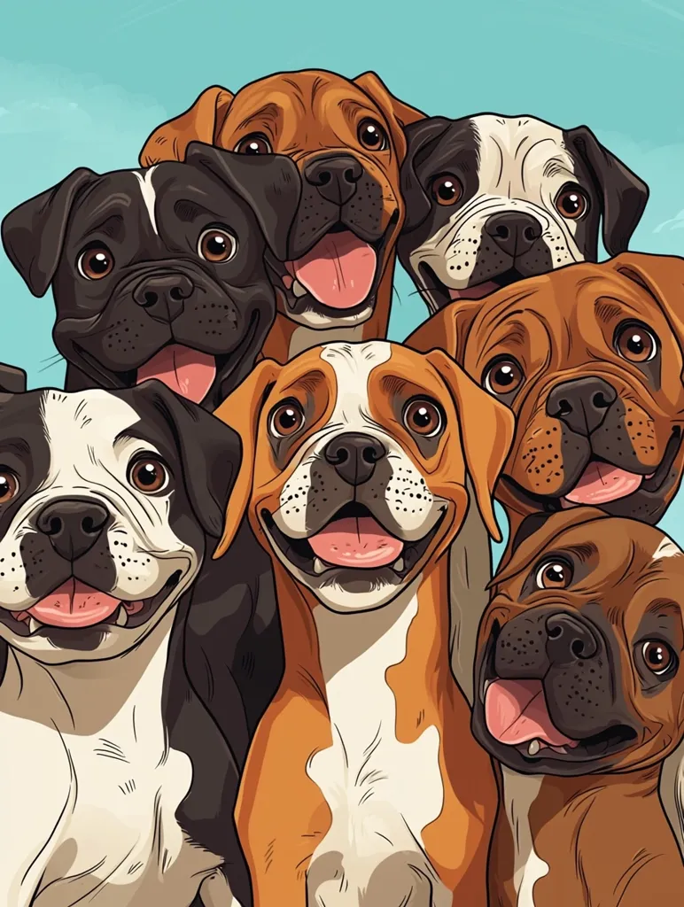 The image features a group of six dogs, each with different coat patterns and markings.  They are all looking directly at the viewer with friendly smiles, showing their tongues and teeth. The dogs are drawn in a cartoon style with bright colors and exaggerated features. The background is a simple blue sky. The image conveys a sense of fun, joy, and camaraderie.