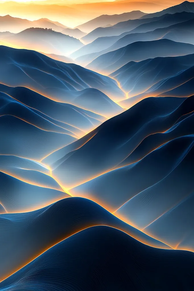 A stunning abstract landscape of a mountain range.  The mountains are a deep blue color and are illuminated with soft orange light that streams down the curves of the terrain.  The light is almost ethereal and adds a sense of peace and tranquility to the image.  The mountains appear to be covered in a fine mist, adding to the otherworldly feel of the scene.  The image is both calming and inspiring.