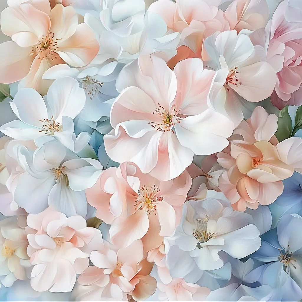 A close-up view of a delicate bouquet of pale pink and white flowers, possibly roses, with soft petals and blurred edges. The flowers are arranged in a dense cluster, creating a romantic and dreamy atmosphere. The light shines through the delicate petals, giving the image a soft and ethereal quality.  The overall effect is one of beauty, fragility, and tranquility.