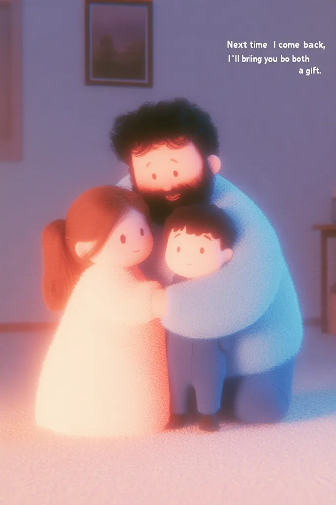 A cartoon image of a man, woman, and child. The man is wearing a blue sweater and has a beard. He has his arms around the woman and child. The woman is wearing a pink dress and the child is wearing a blue outfit. They are all smiling. The caption above them says "Next time I come back, I'll bring you both a gift." The image has a soft, warm glow.