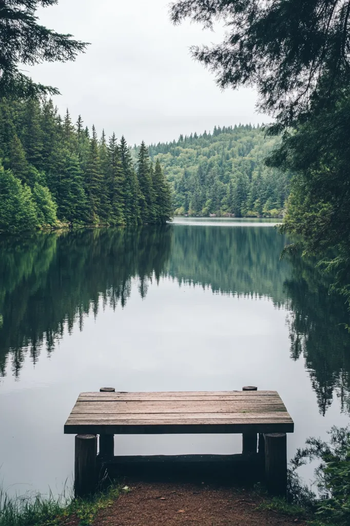 A wooden bench sits on the edge of a still, reflective lake, surrounded by a dense forest of evergreen trees. The water is calm and serene, mirroring the trees on the opposite shore. The overcast sky adds a sense of tranquility to the scene.  The quiet solitude makes this a perfect place to escape and relax.