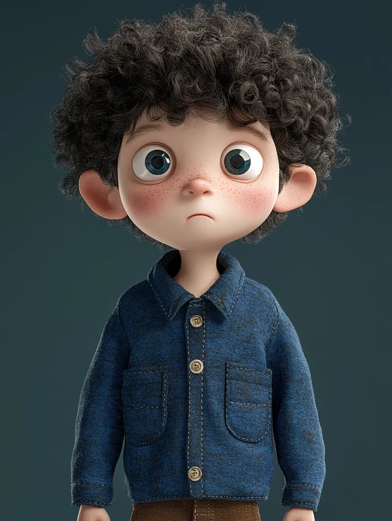 The image features a cartoon boy with curly dark hair. He has big, round, blue eyes and rosy cheeks. The boy is wearing a blue denim jacket with brown pants. He looks downcast and sad, his expression hinting at a possible disappointment or worry. The background is a plain blue-green, making the boy the central focus. The image has a whimsical and slightly melancholic feel.