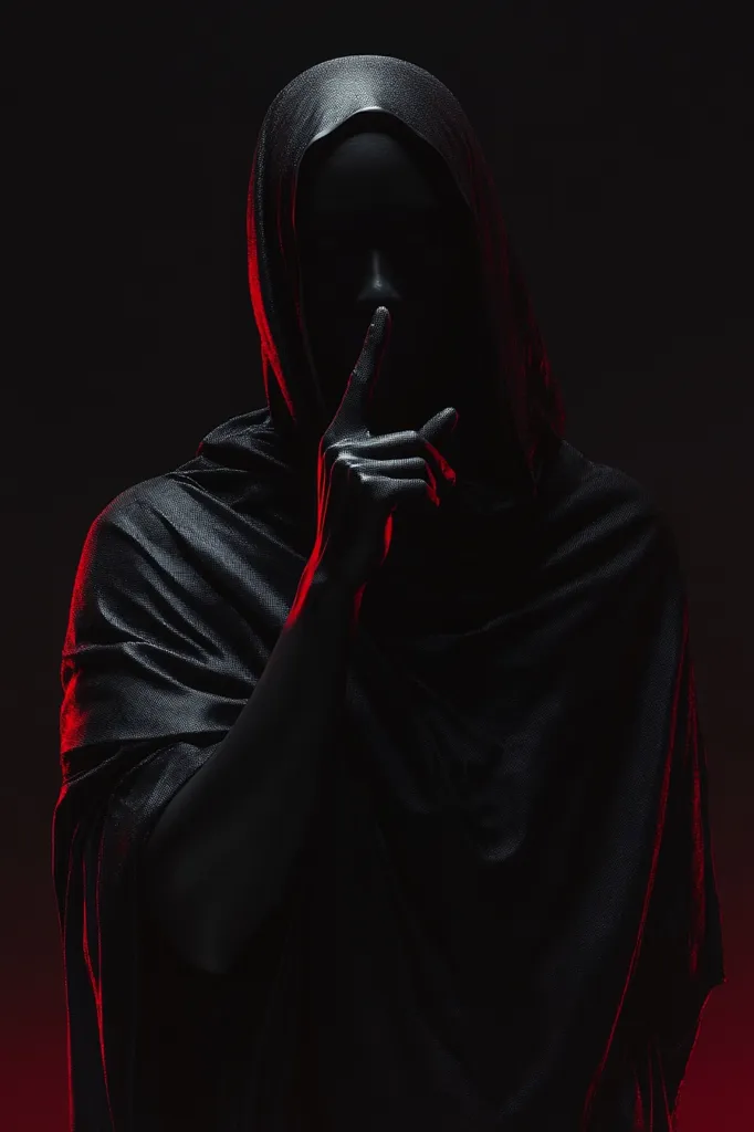 A shadowy figure cloaked in black, their face obscured, raises a single finger to their lips in a gesture of silence. The figure stands against a dark background, illuminated by a subtle red glow that hints at a hidden power or mystery. The image evokes a sense of intrigue and secrecy, suggesting a story waiting to unfold.