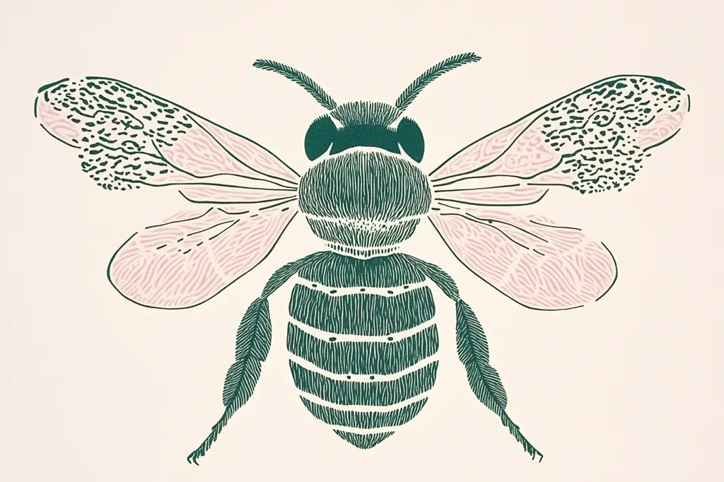 A stylized bee with large, delicate pink wings and a dark green body. The bee is depicted in a simple, elegant line drawing style, with a textured, hatched effect throughout. The overall design is simple and visually appealing, with a subtle use of color and detail. It evokes a sense of natural beauty and grace.