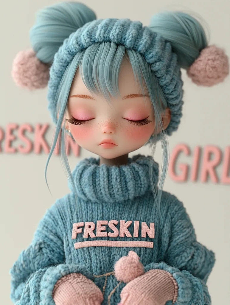 The image shows a 3D-rendered doll with blue hair and a soft, dreamy expression. She wears a blue knitted sweater with the word "FRESKIN" in pink letters, a matching blue knitted hat with pink pom-poms, and pink mittens. The doll's eyes are closed, suggesting a peaceful or sleepy demeanor. The background is out of focus, drawing attention to the doll's delicate features.  The overall aesthetic is whimsical and playful, with a touch of sweetness.
