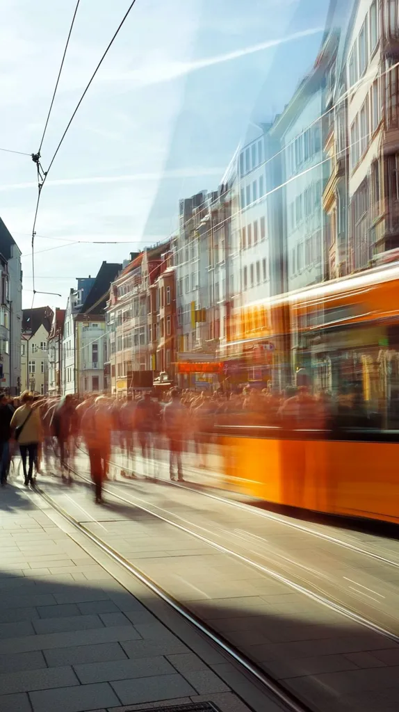The image captures a bustling city street with a tram speeding through the scene.  The tram is blurred, creating a sense of motion, while the buildings lining the street are in sharp focus.  A crowd of people can be seen walking on the sidewalk, some heading towards the tram and others away from it. The image conveys the energy and movement of a city in motion, as people and vehicles navigate the urban landscape. The overcast sky adds a moody atmosphere to the scene.